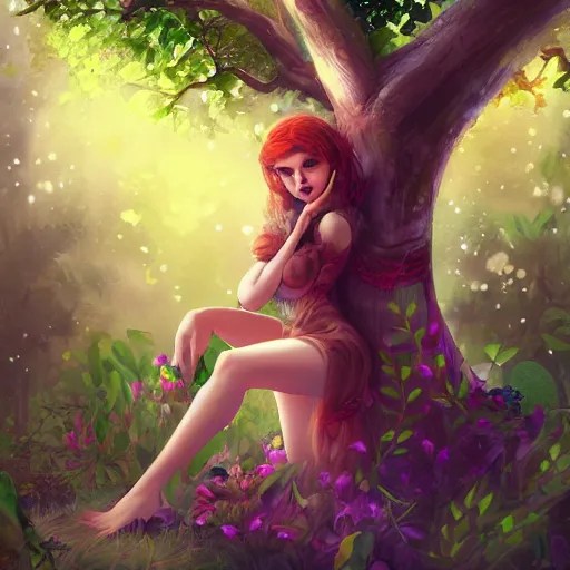 alluring tree girl in a magical forest, digital art, Stable Diffusion
