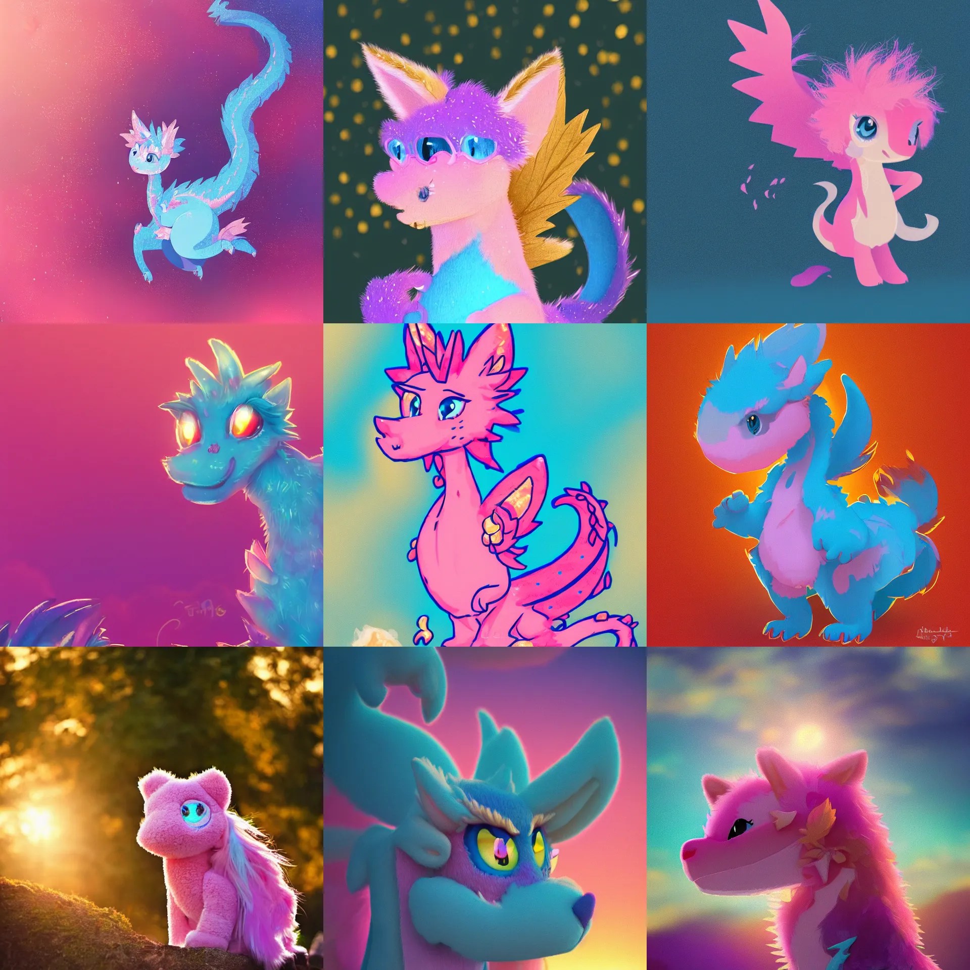 a cute pink and blue fluffy dragon, golden hour, Stable Diffusion