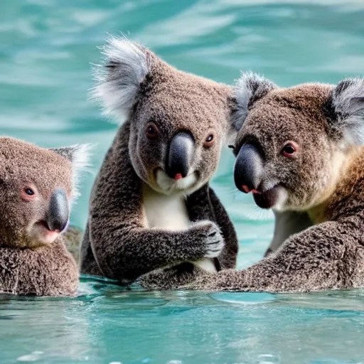 4 koalas swimming in the ocean as people watch Stable Diffusion