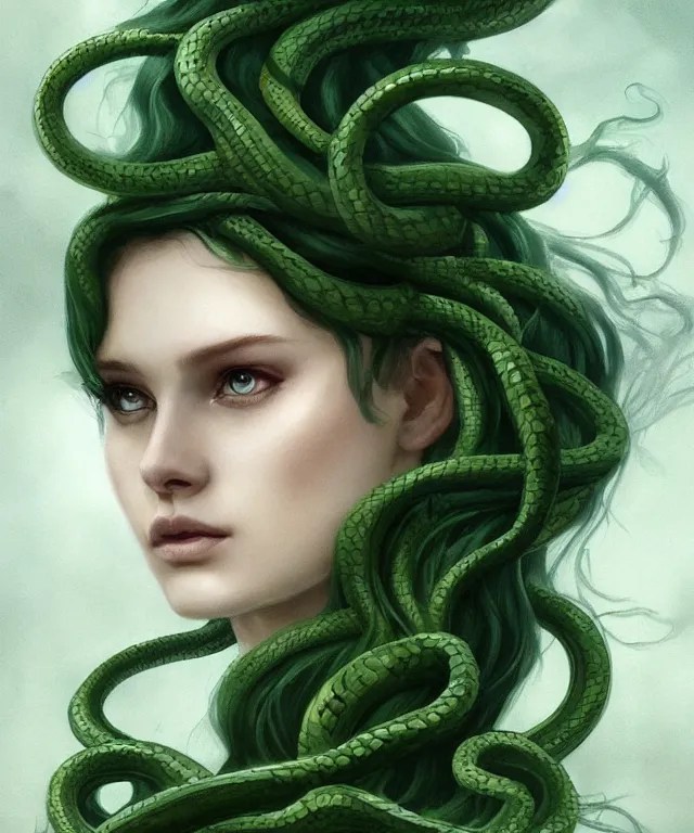 medusa with flowing green snakes. close up of full Stable Diffusion OpenArt
