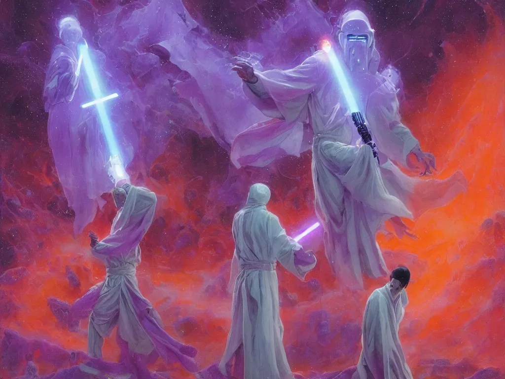 a jedi in white robes holding a purple lightsaber, Stable Diffusion