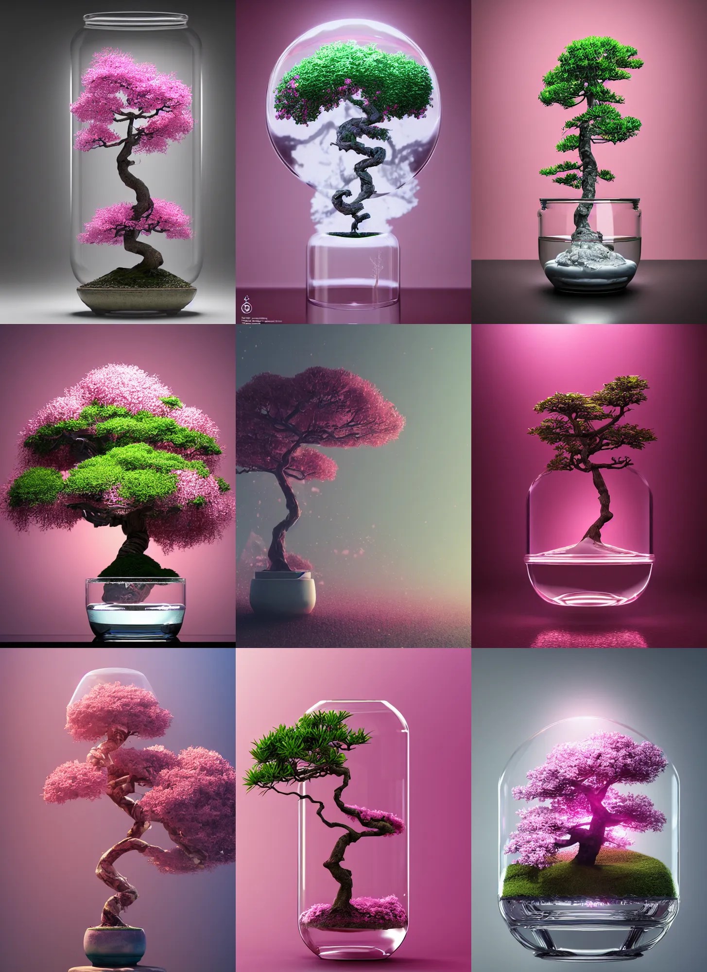 a pink bonsai tree inside a glass jar, intricate Stable Diffusion
