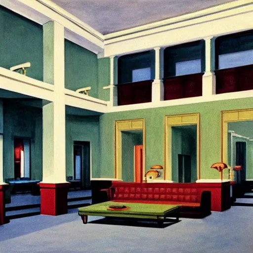 interior of a 1 9 4 0 s hotel lobby, by edward hopper Stable