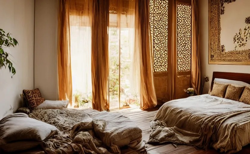 an oriental persian style bedroom, minimalistic, bed, Stable Diffusion