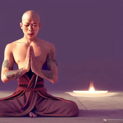 an android monk praying with hands above head, monk Stable Diffusion