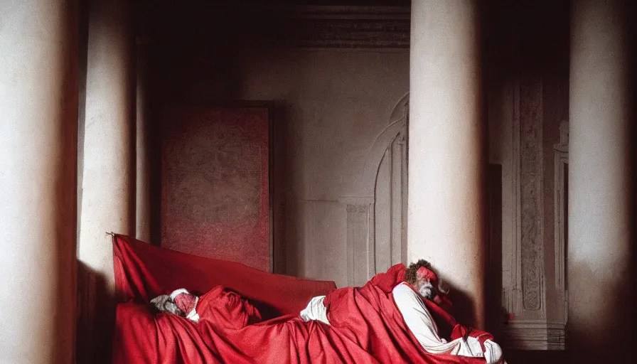 movie still of marcus aurelius, skinny, ill, in his Stable Diffusion