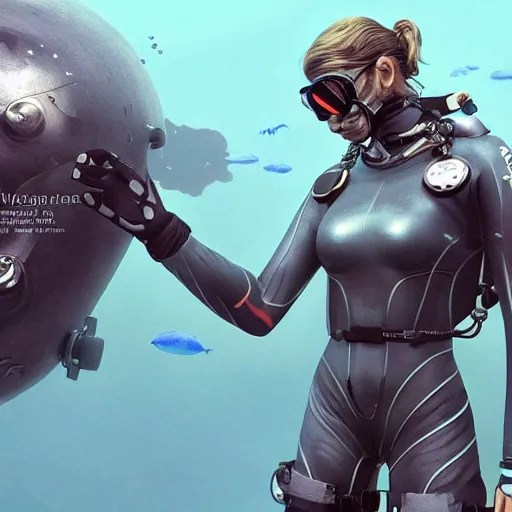 a diver wearing full metal gear diving suit meets an Stable Diffusion