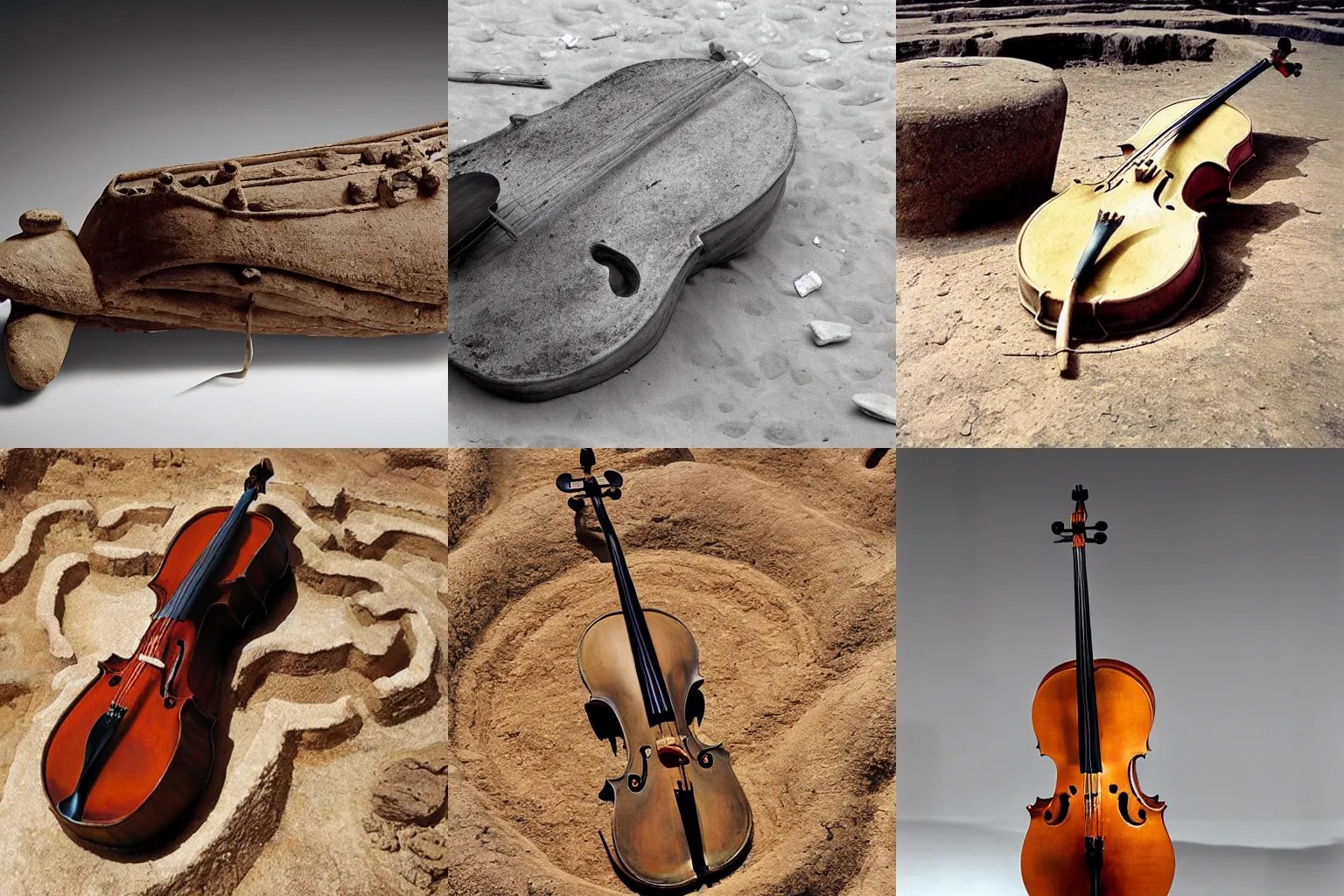 an instrument resembling a cello, made of stone, clay, Stable