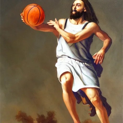 Jesus playing basketball in oil painting Stable Diffusion OpenArt