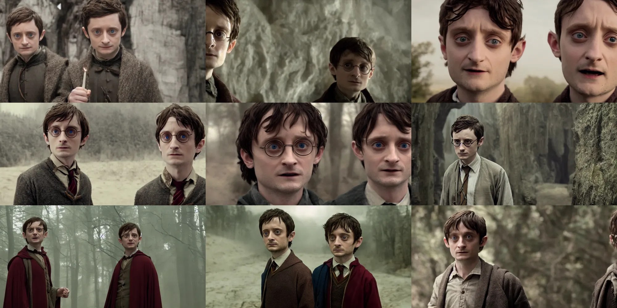 elijah wood as harry potter, cinematic 4 k videograb Stable Diffusion