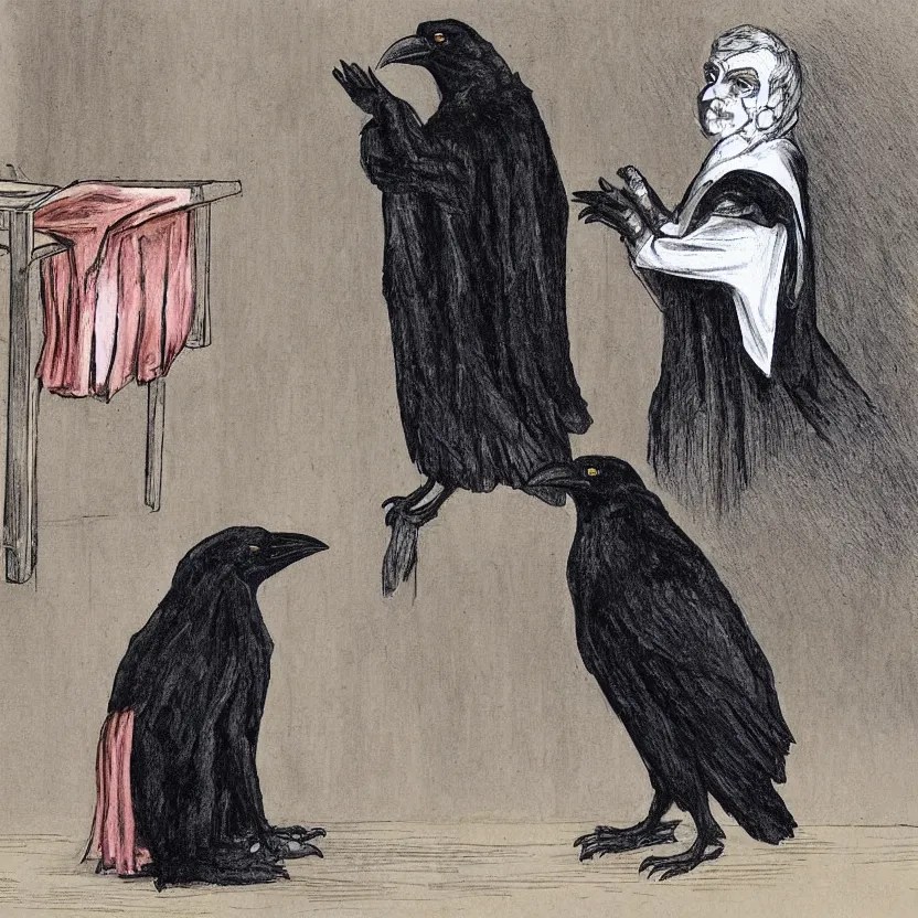a crow wearing judges robes sentences a cat to death Stable Diffusion