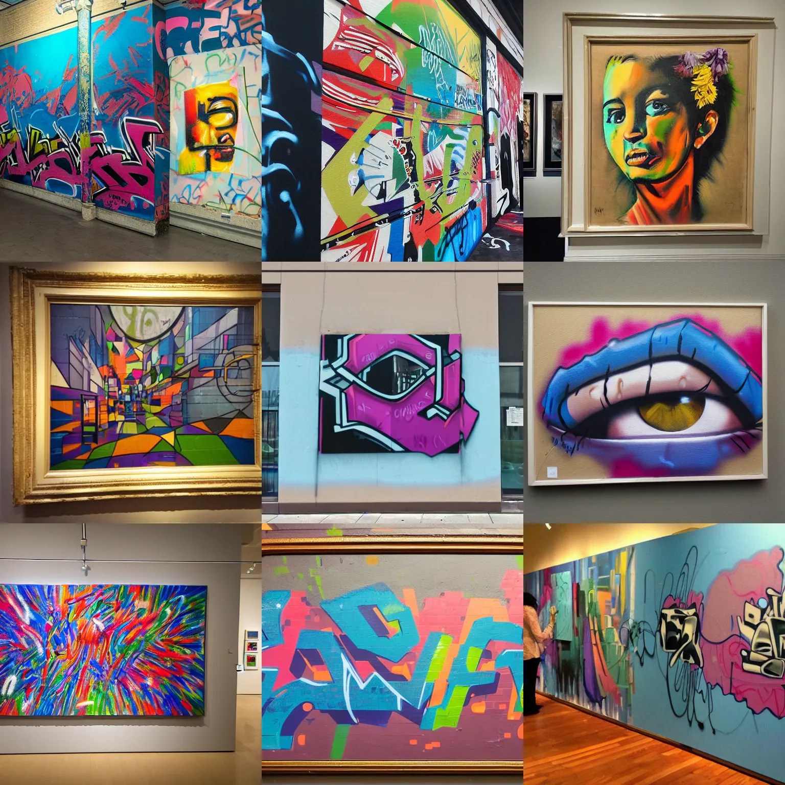 graffiti covering a painting on display at the art Stable Diffusion OpenArt