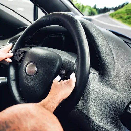 muscular arm gripping a steering wheel at the top, | Stable Diffusion