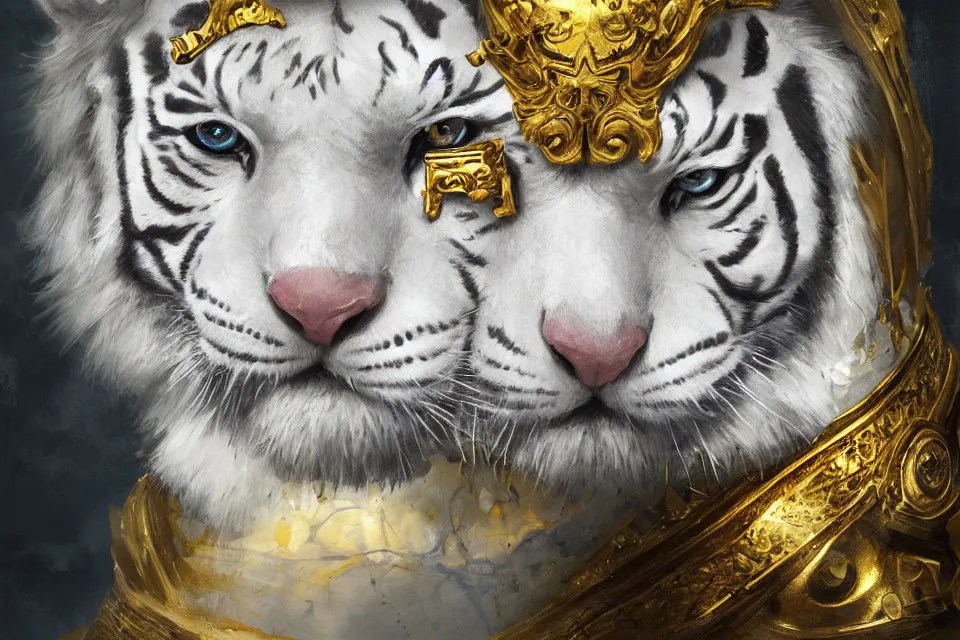 artwork of a white tiger king with gold crown and blue Stable Diffusion