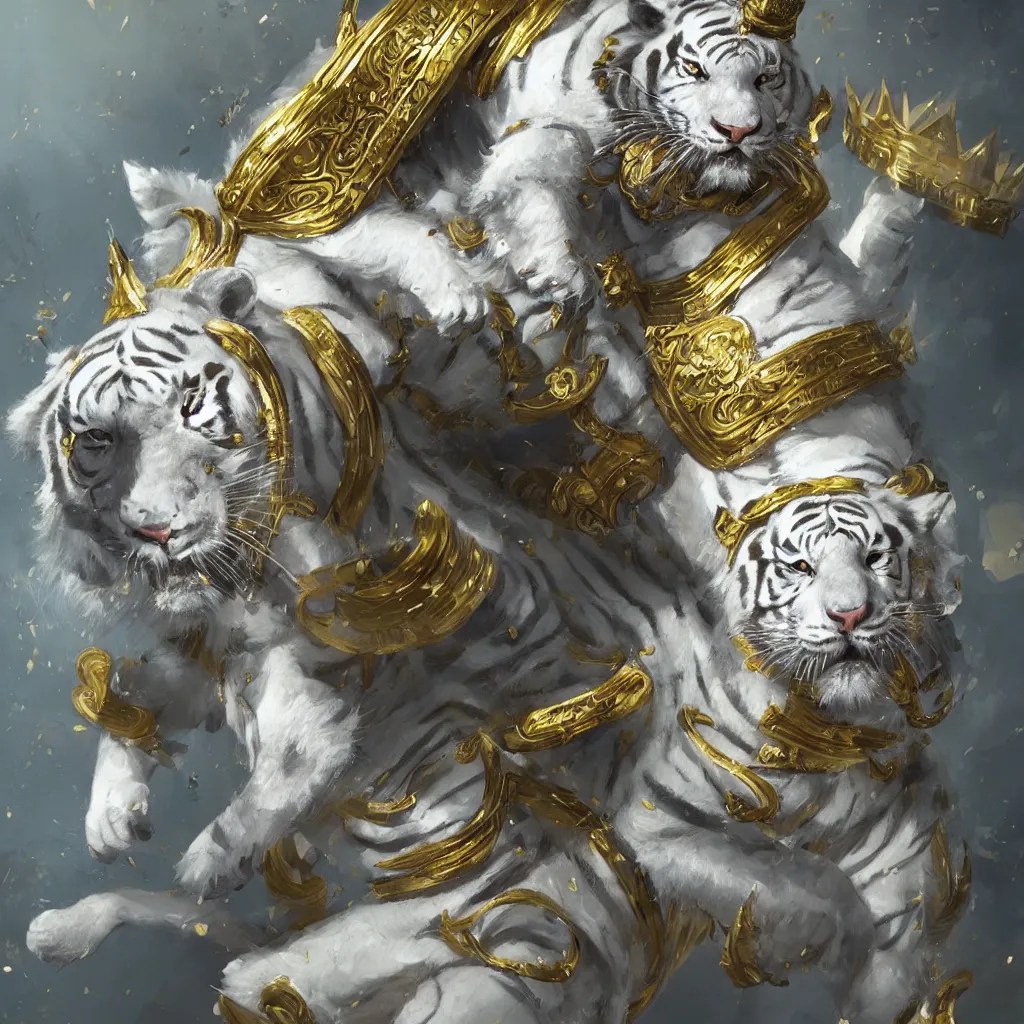 artwork of a white tiger king with gold crown and blue Stable Diffusion OpenArt