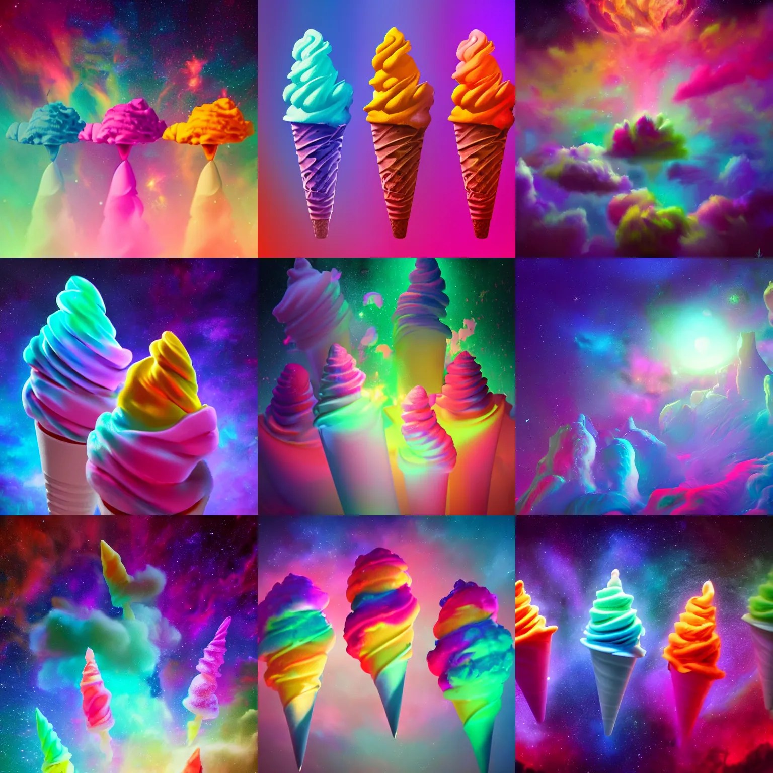 colorful soft serve ice cream cones in a colorful Stable Diffusion
