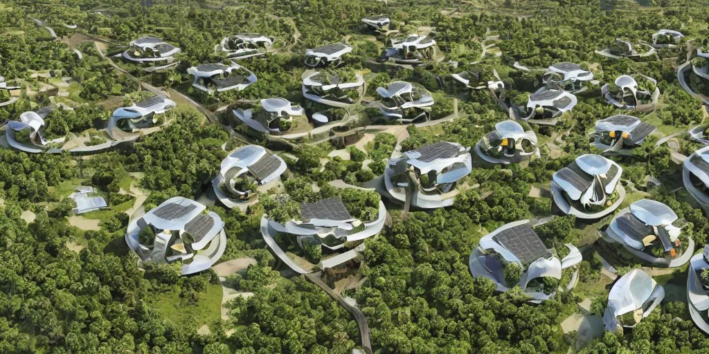 futuristic ecovillage with high diversified houses, Stable Diffusion