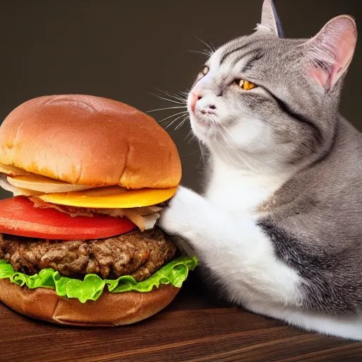 fat cat eating a hamburger, dslr photo, high detail, Stable Diffusion