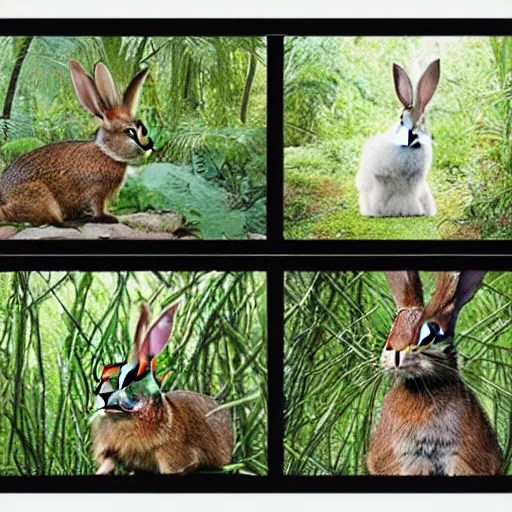 rabbit run across jungle. film strip. 4 frames. Stable Diffusion