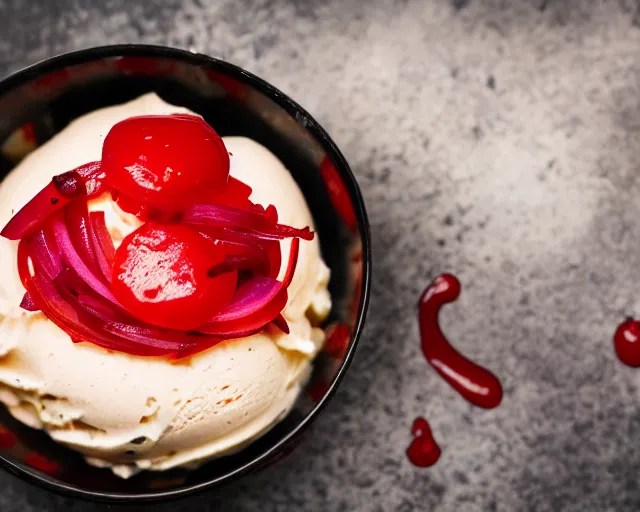 dslr food photograph of vanilla ice cream with red Stable Diffusion