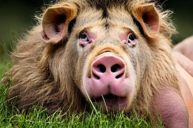 a pig lion!!! hybrid! hyper realistic!! realistic Stable Diffusion