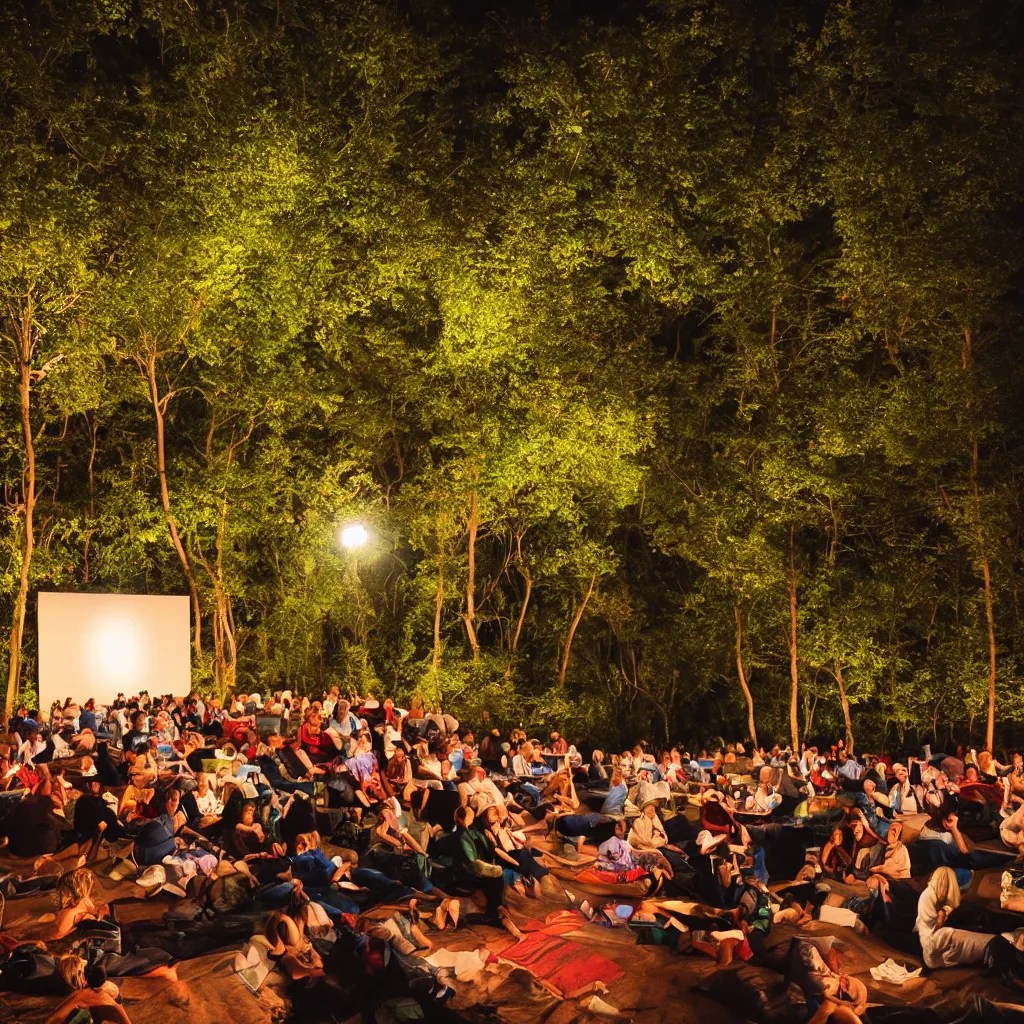 outdoor cinema in the forest at night Stable Diffusion
