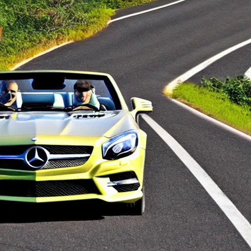 Mercedes SL convertible top down driving along a road Stable