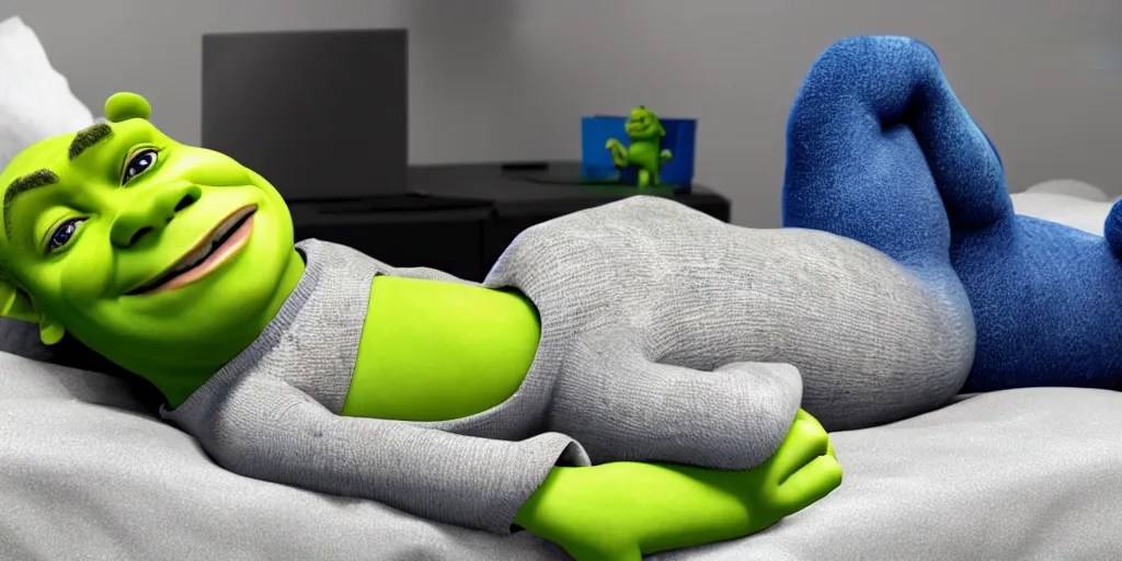 Shrek laying on his bed with a laptop on his chest Stable Diffusion