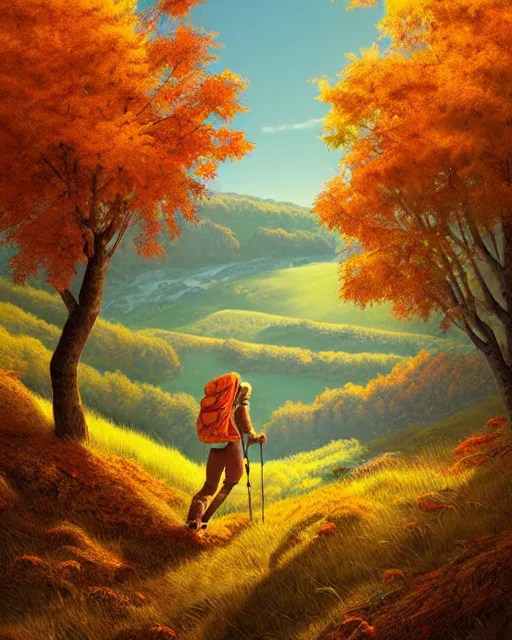 autumn hillside boy hiking illustration detailed, by Stable Diffusion