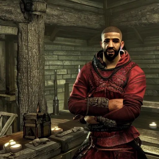 drake as a redguard in skyrim working in a tavern, Stable Diffusion