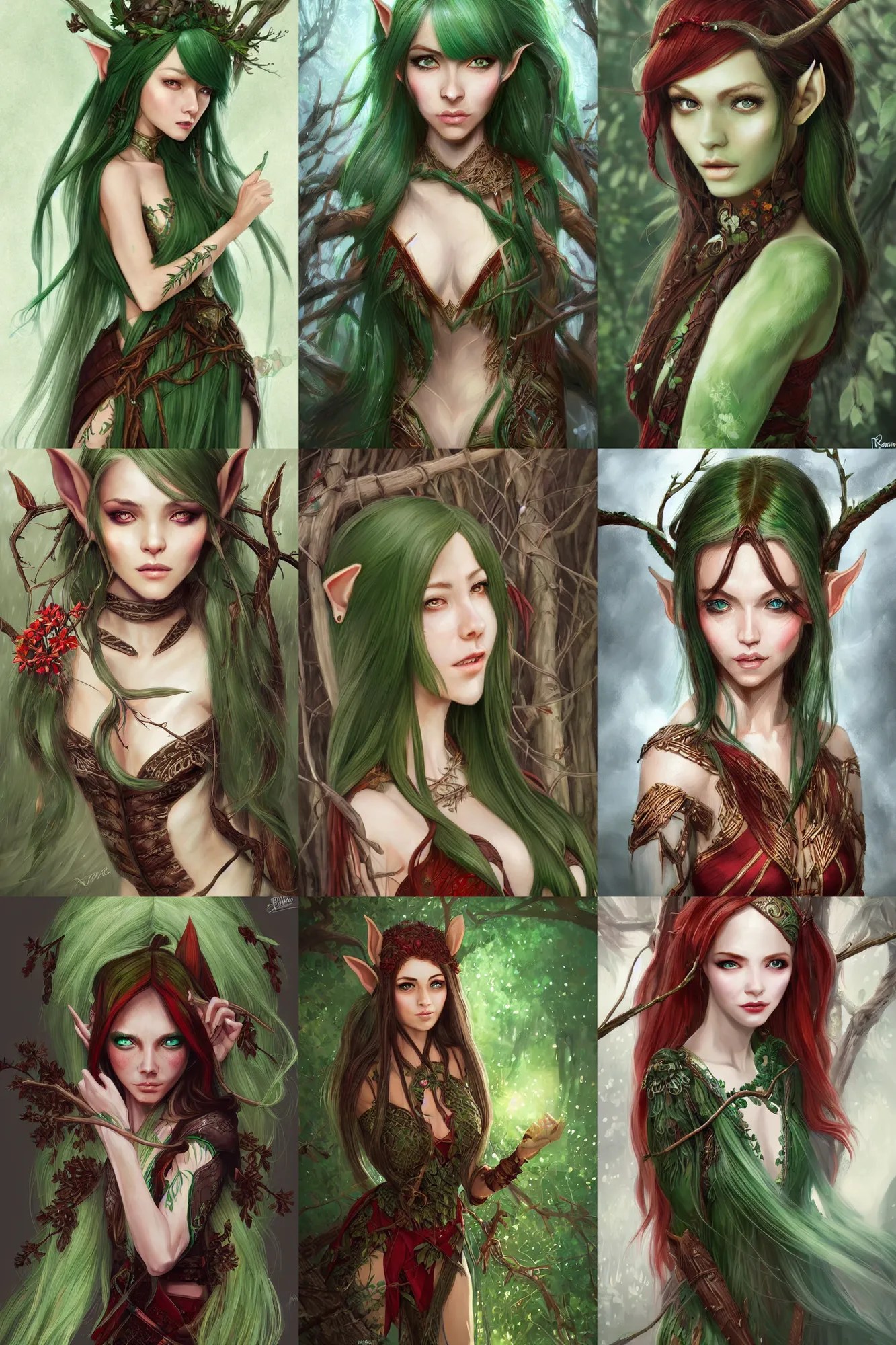 beautiful wood elf, female, green hair, brown skin, Stable Diffusion