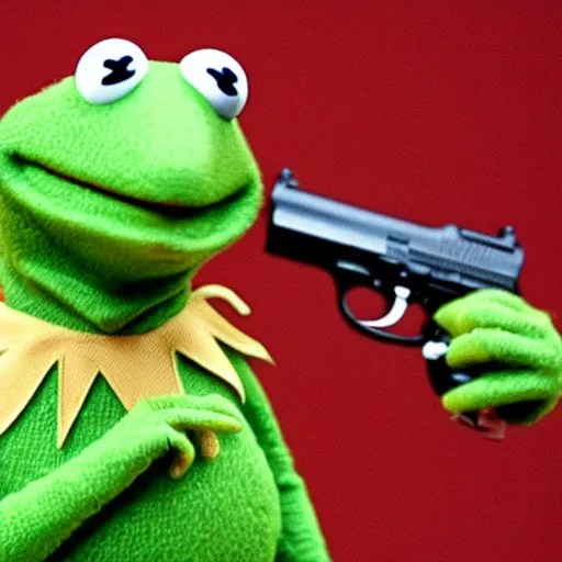 kermit the frog holding a pistol, highly detailed Stable Diffusion