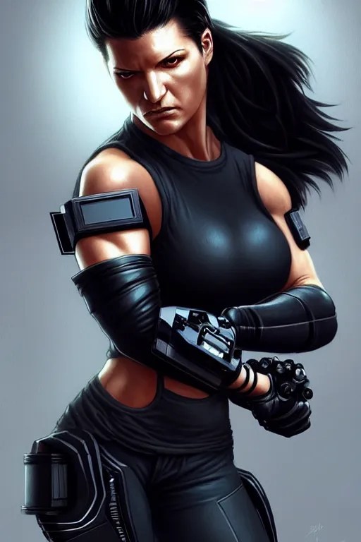 gina carano with robotic left arm, casual black Stable Diffusion