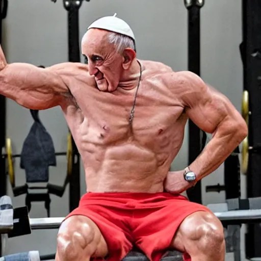 a very muscular Pope Francis is flexing in a gym, Stable Diffusion