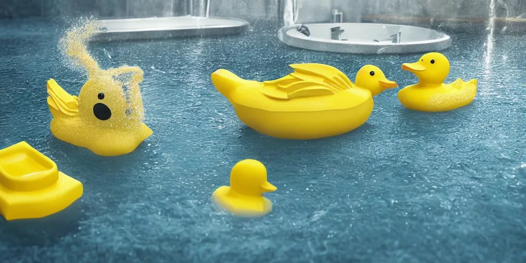 An Epic yellow rubber duck bathtub battle, realistic Stable Diffusion