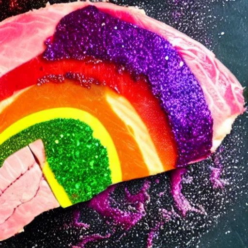 a prime unicorn steak. rainbow colored meat with Stable Diffusion