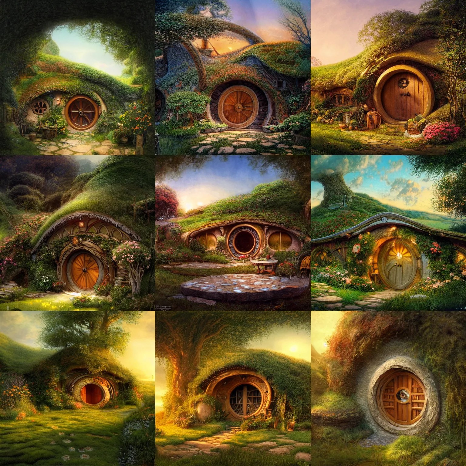 looking out a hobbit home at the shire in full bloom Stable Diffusion