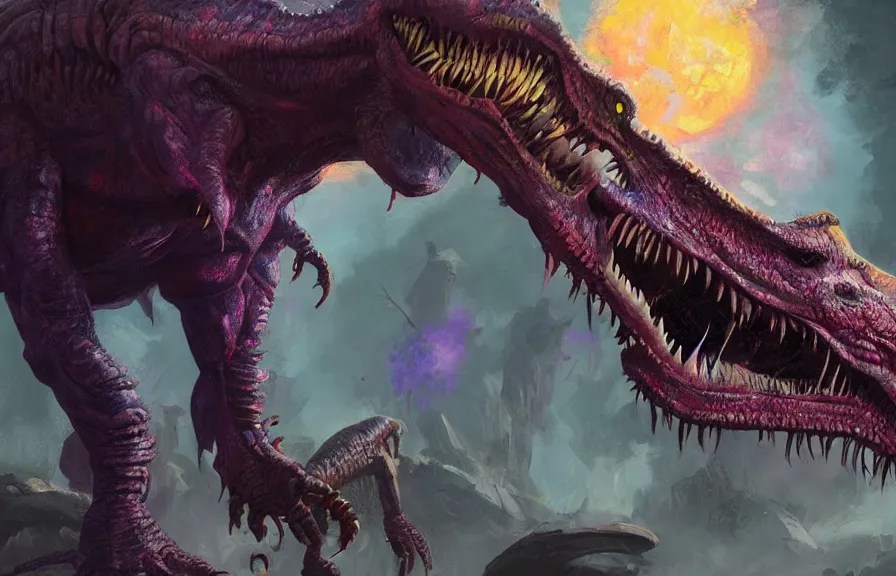 colorful trex monster, eldritch horror, character art Stable Diffusion