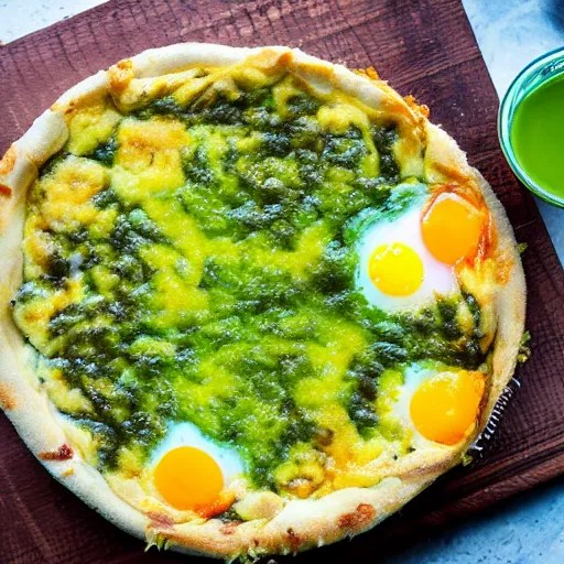 a delicious fried egg deep dish pizza with green Stable Diffusion