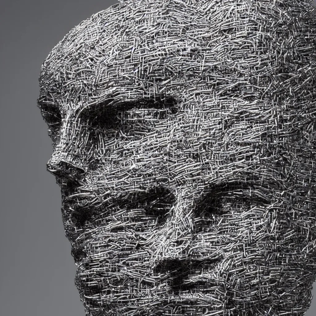 sculpture of a head made from stainless steel staples, Stable