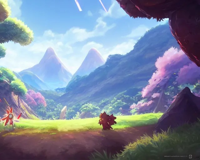 pokemon sword and shield ghibli landscape illustration Stable Diffusion