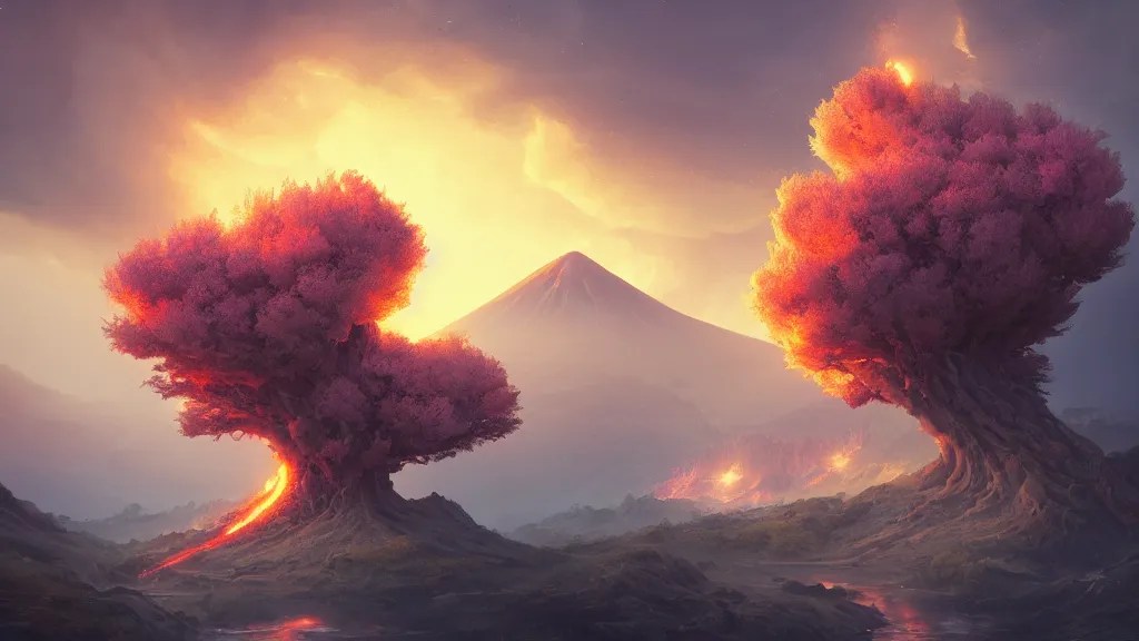 exploding volcano, everlasting trees, pillar of ash, Stable Diffusion