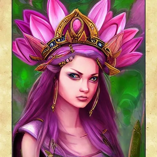 pink lotus flower warrior queen wearing pink floral Stable Diffusion