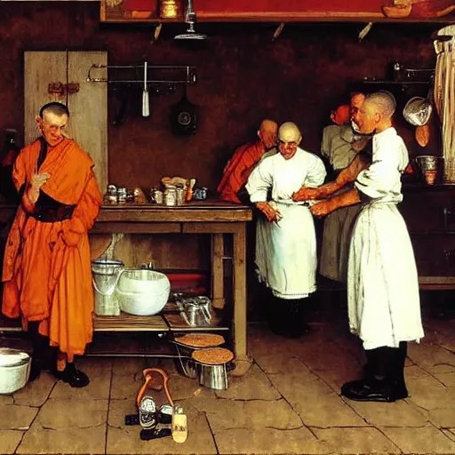 A kitchen wench serving beers to a group of monks, Stable Diffusion
