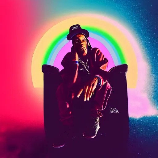 Travis Scott sitting on a chair floating over Earth, Stable Diffusion