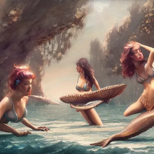 mermaids wearing seashell bras beckoning sailors by Stable Diffusion