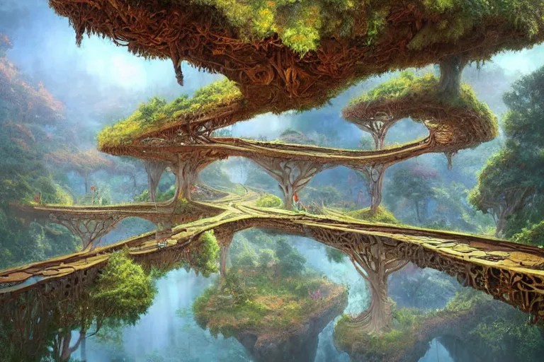one point perspective fantasy treetop village bridge Stable Diffusion