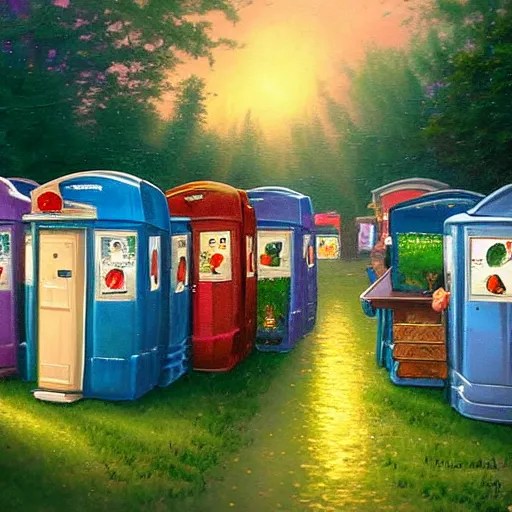 A Thomas Kinkade Painting of a porta potty at a music Stable