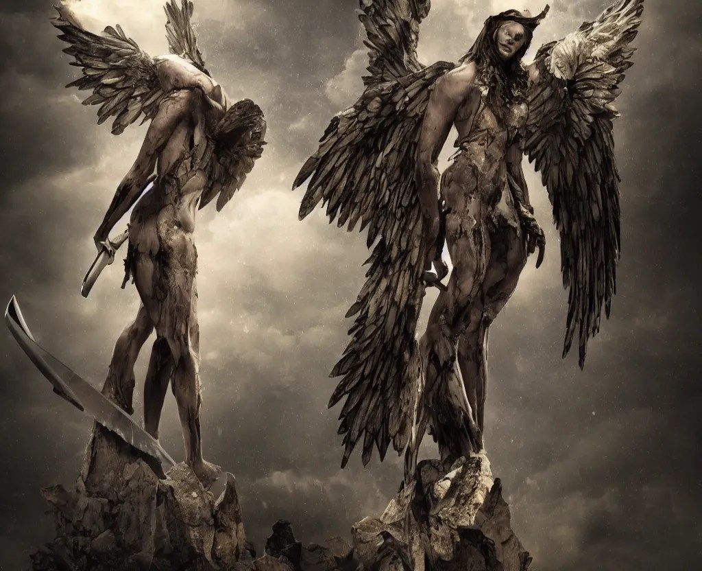 a fallen angel with a broken halo wielding a jagged Stable Diffusion