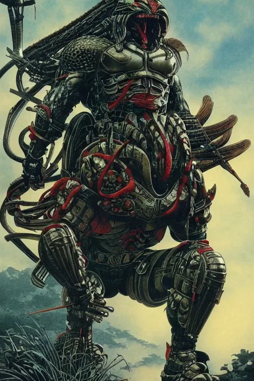 poster of the predator with japanese armor and helmet, Stable